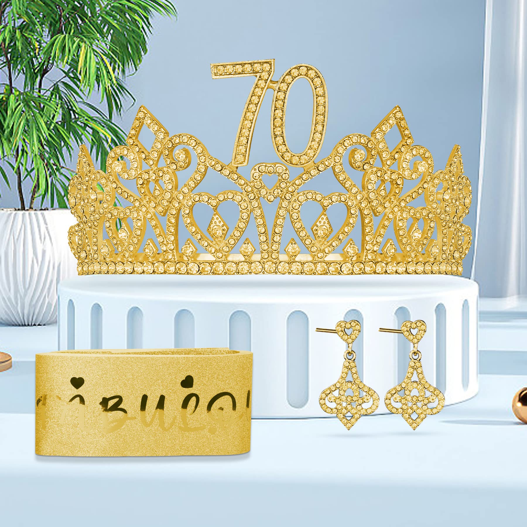 70th Birthday Decorations Set for Women - Gold Crown, Tiara & Sash - Happy 70th Birthday Party Supplies - Perfect for Milestone Celebrations, Retirement Parties & Special Occasions