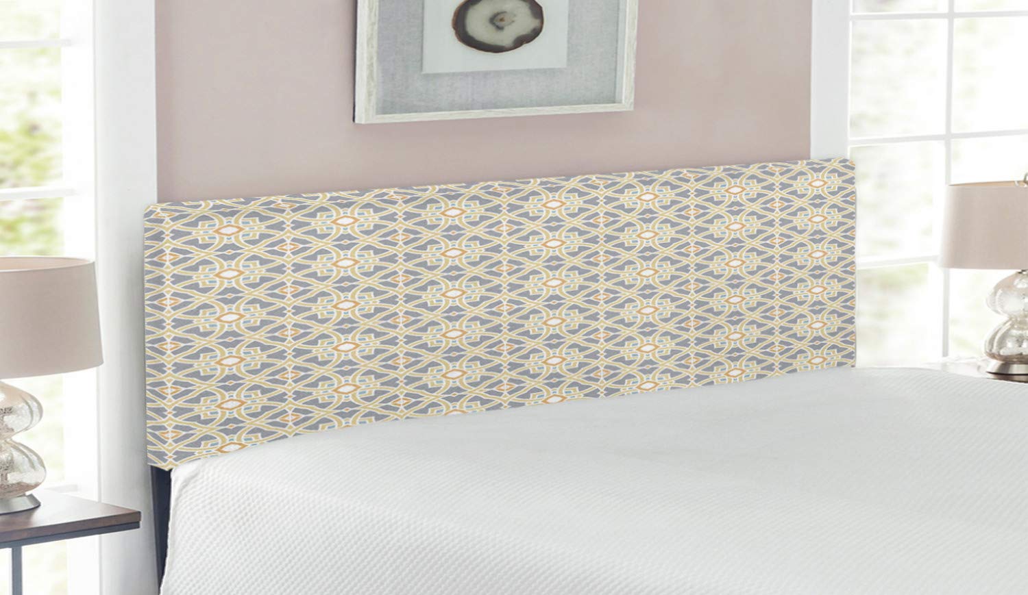 Ambesonne Geometric Upholstered Headboard - Moroccan Floral Azulejos Inspired Design with Memory Foam, Queen Size Bed Frame in Taupe & Pale Yellow | Perfect for Bedroom Decor, Guest Rooms & Modern Home Interiors