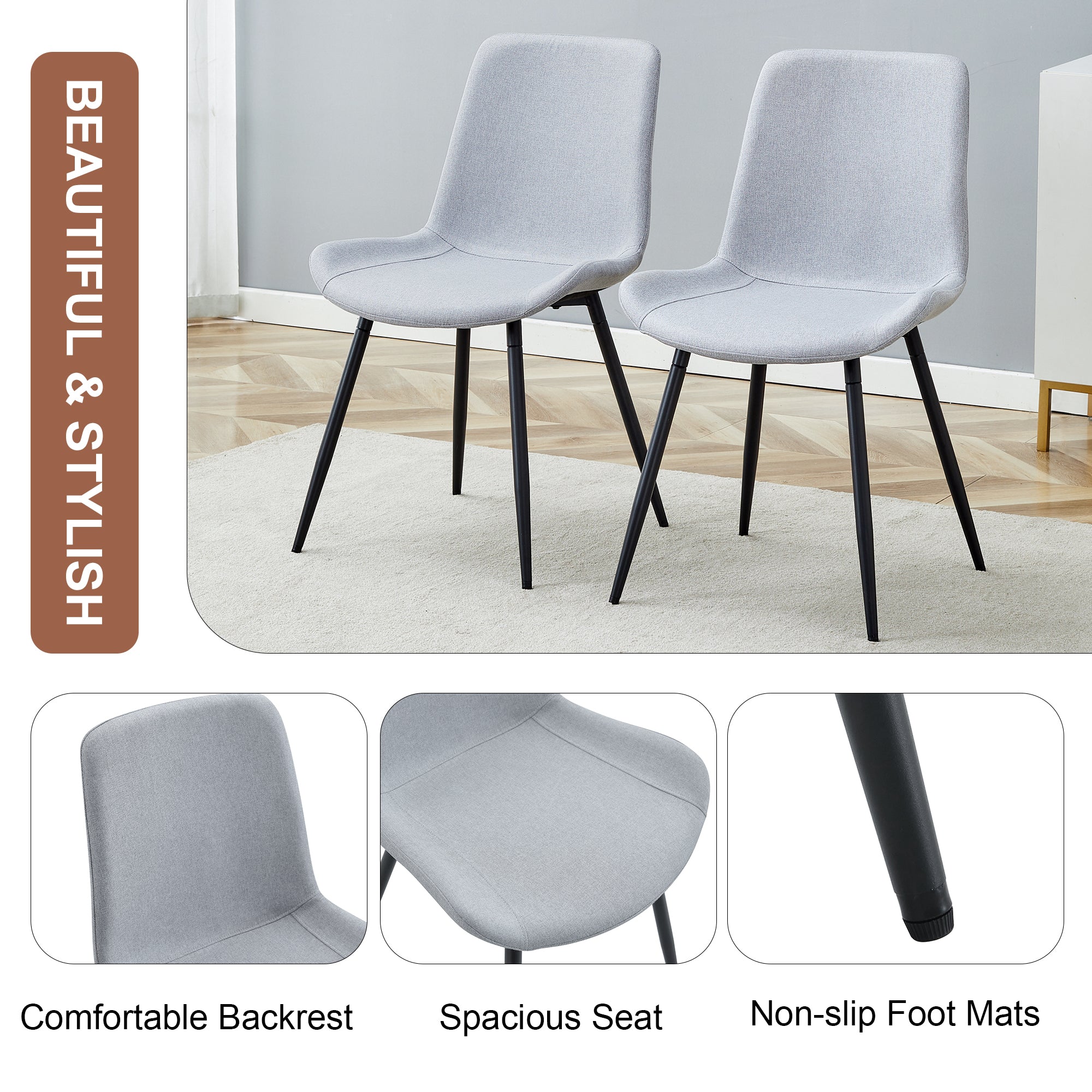 6-Piece Light Gray Linen Cotton Dining Chair Set - Ergonomic Curved Cushion Design for Comfortable Seating | Perfect for Dining Room, Kitchen, and Home Decor