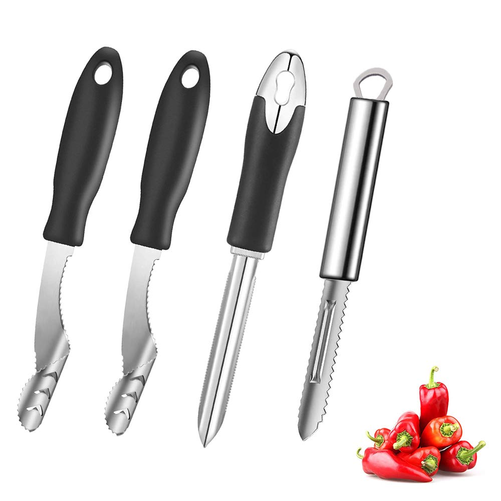 4-Piece Stainless Steel Pepper Corer Set - Serrated Zucchini, Cucumber, Chili & Jalapeno Deseeder with Non-Slip Rubber Handle - Professional Kitchen Tools for Cooking, Meal Prep & Healthy Eating