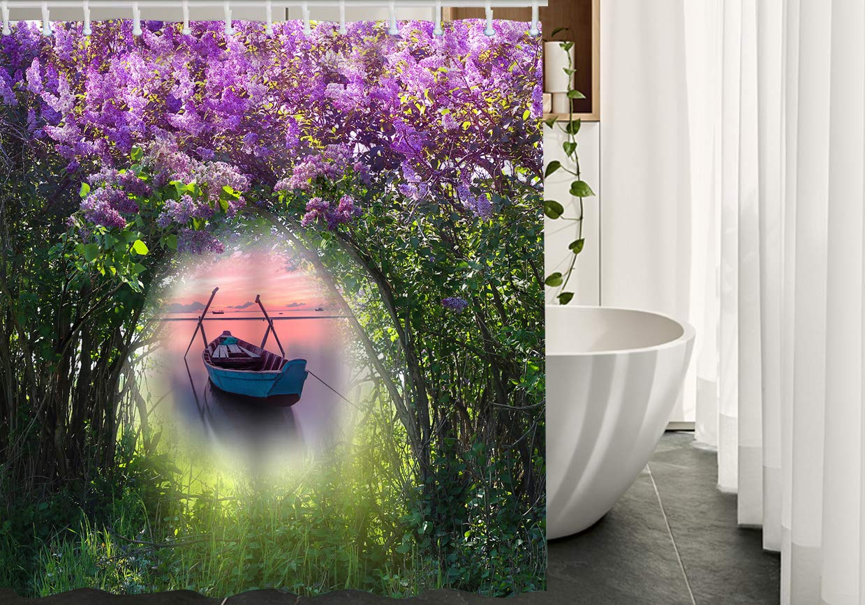 HGOD DESIGNS Wisteria Flower & Boat Forest Shower Curtain 66x72 Inch - Waterproof Bathroom Decor for Vintage & Nature Inspired Bathrooms - Perfect for Spa, Cottage, or Boho Style Homes