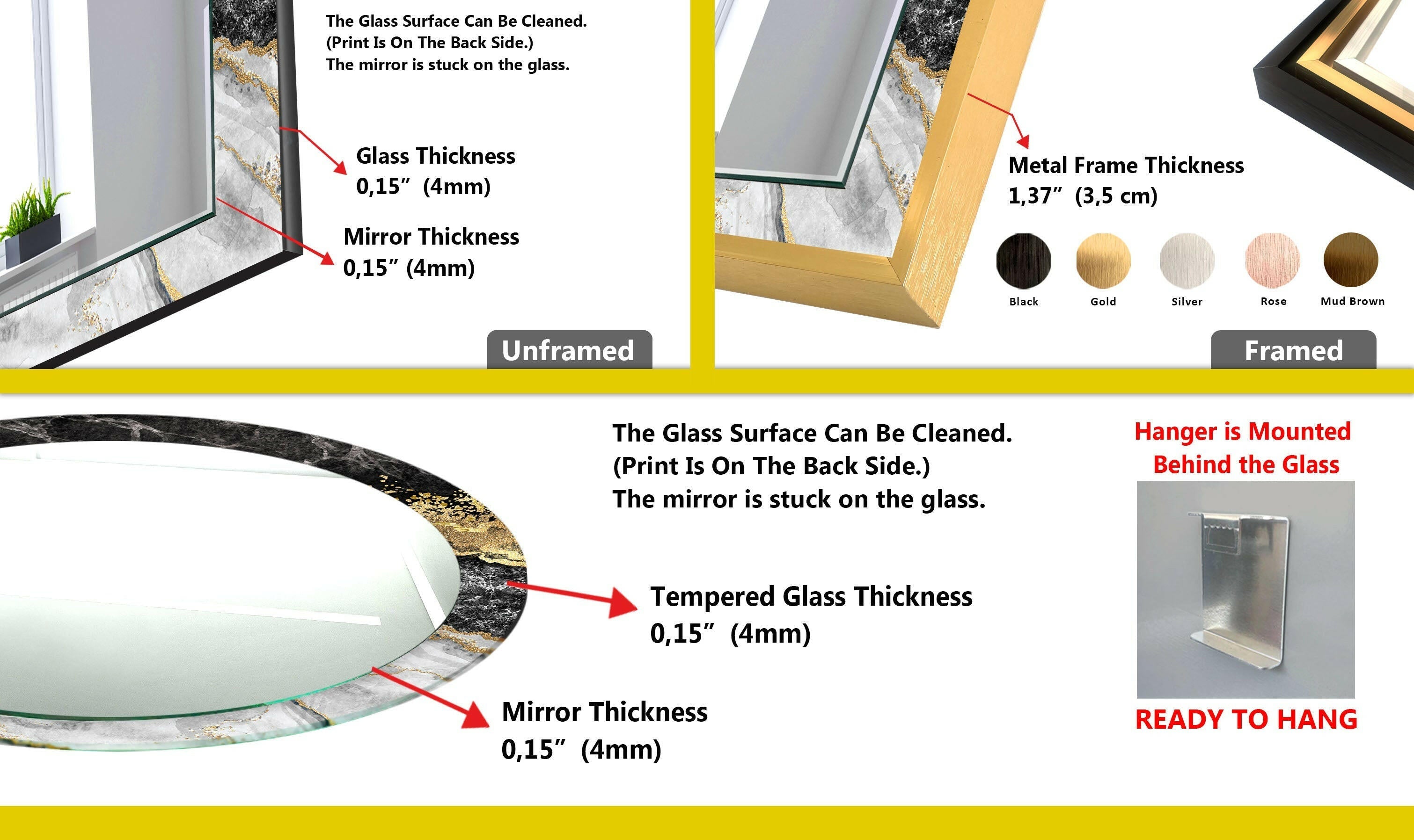 Elegant Black Marble Gold Frame Wall Mirror - Modern Home Decor for Living Room, Bedroom & Entryway