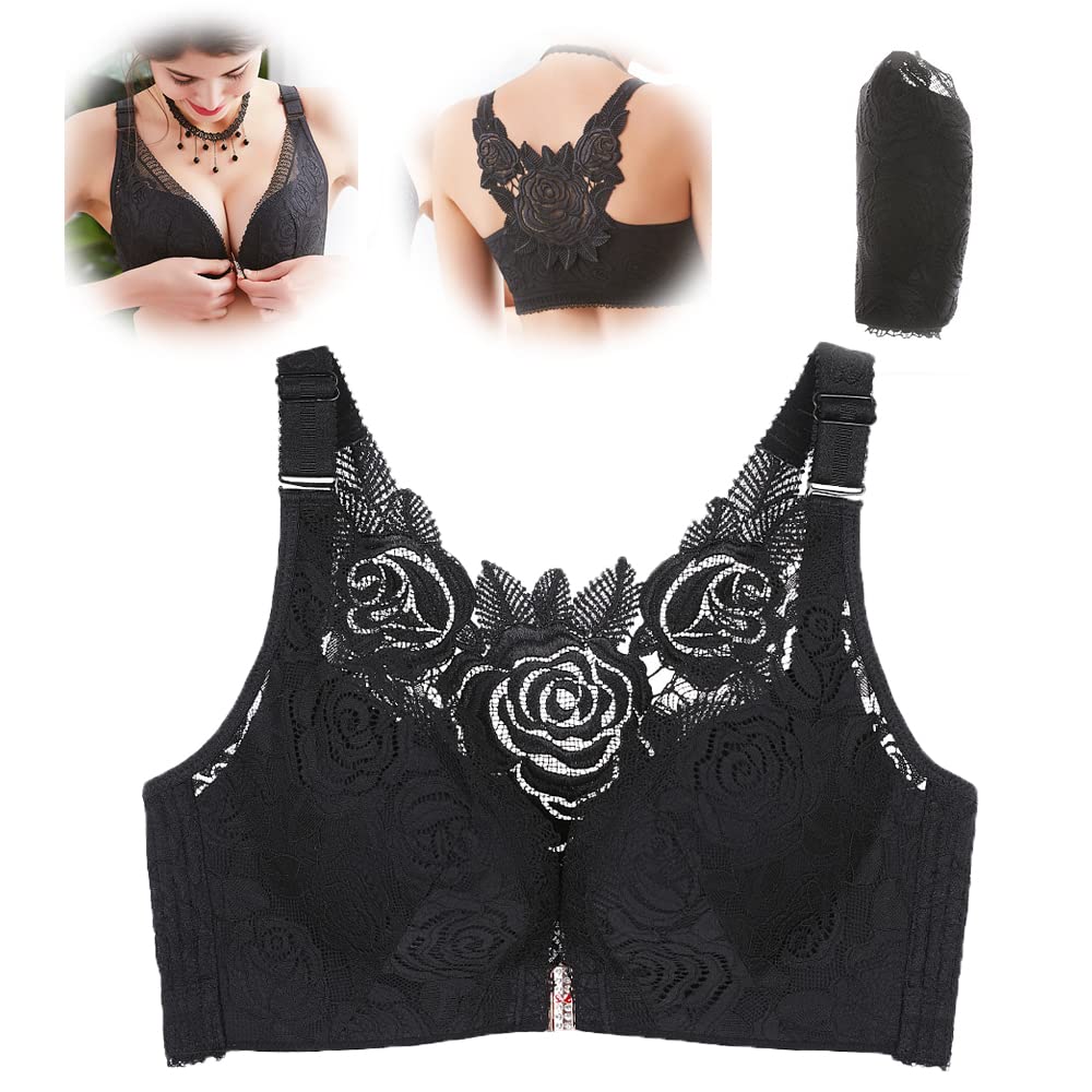 PPWW Comfort Rose Bra - Floral Lace Front Closure Wireless Bra for Women, Soft Support Everyday Wear, 38/85AB Black | Perfect for Work, Yoga & Relaxation