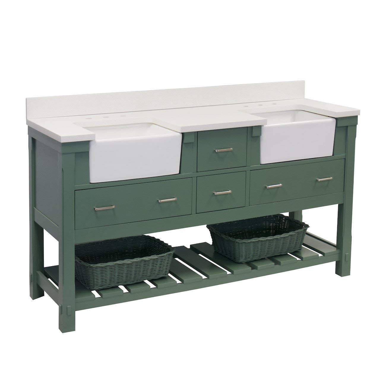 Charlotte 72-inch Double Bathroom Vanity with Quartz Countertop & Sage Green Cabinet - White Ceramic Farmhouse Apron Sinks Included | Perfect for Modern Farmhouse, Coastal, or Transitional Bathroom Designs