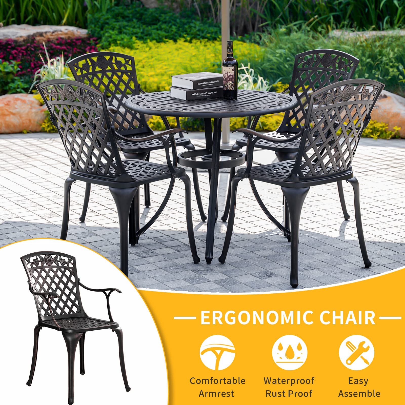 Outdoor Patio Bistro Chairs Set of 2 - Heavy Duty Cast Aluminum All-Weather Dining Chairs with Armrests - Bronze Garden Seating for Backyard, Deck, Restaurant & Outdoor Dining