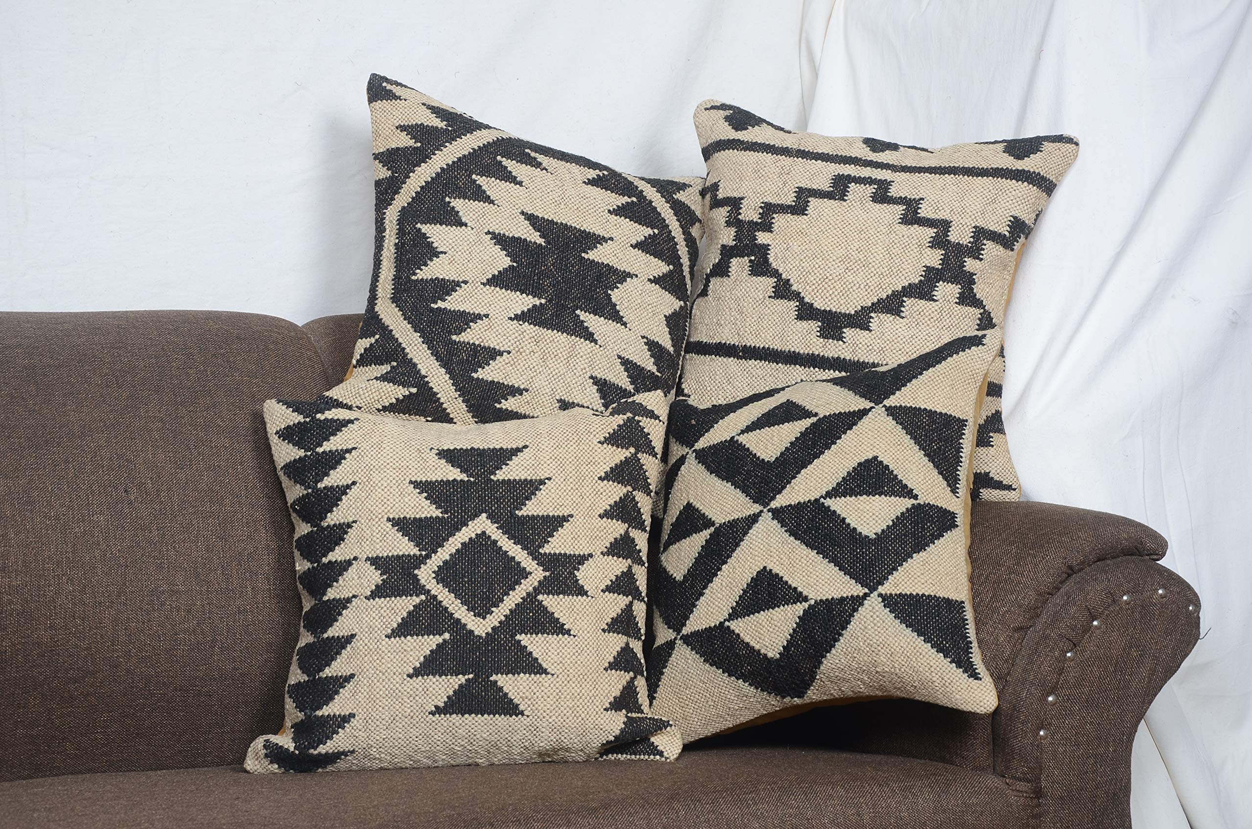 Chouhan International 4-Piece Set Natural Handmade Kilim Bohemian Pillow Covers - Handwoven Cotton Sofa Cushion Covers for Living Room, Bedroom Decor - Perfect for Boho Home Decor, Throw Pillows for Couch & Bed