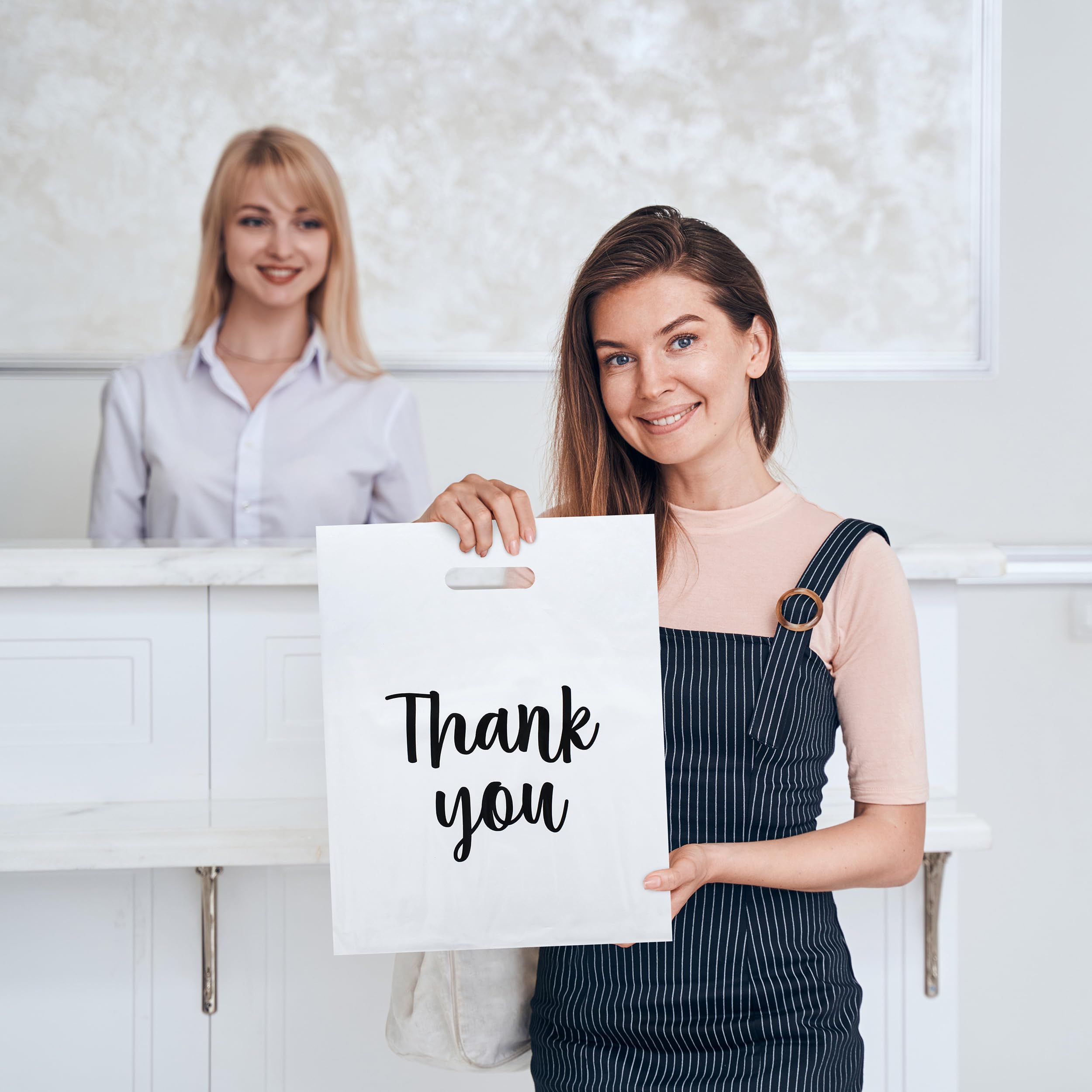 45-Pack White Plastic Retail Bags with Handles - 12x15 Inch Bulk Merchandise Bags for Boutique, Gift & Thank You Packaging - Perfect for Retail Stores, Parties & Small Business Branding