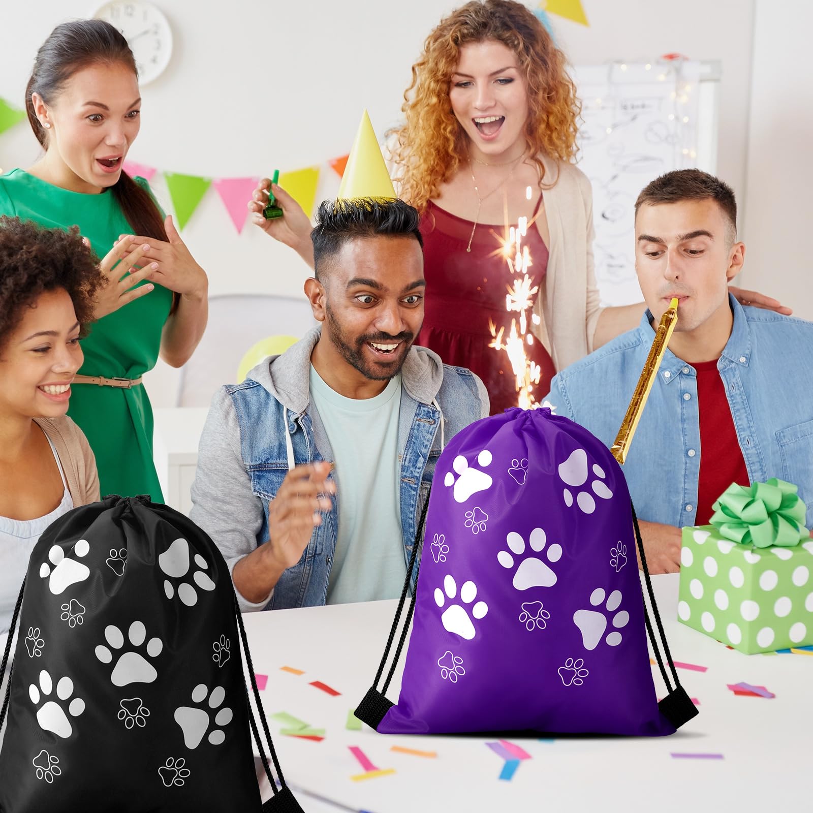 16 Pcs Large Paw Print Drawstring Backpack - Reusable Puppy Gift Bags for Party Favors & Travel