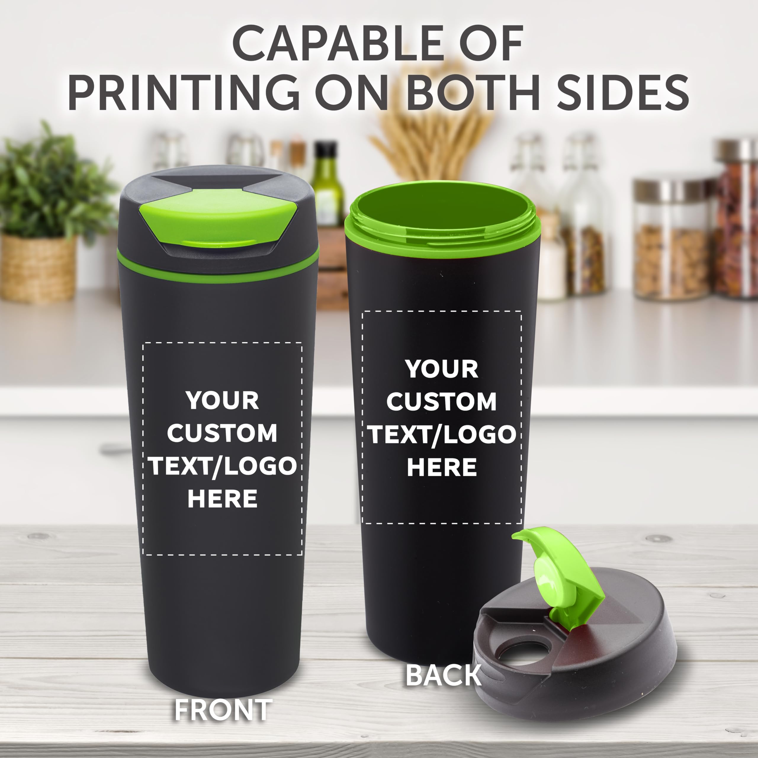 Custom Double Wall Insulated Plastic Travel Mugs 18oz (50-Pack) - Personalized Bulk Coffee Cups for Hot & Cold Beverages - Black & Lime Green - Ideal for Offices, Cafes, Events & Promotional Gifts