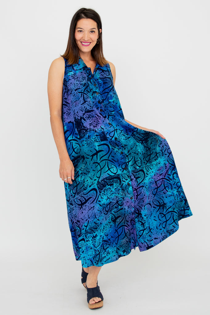 Cissy Dress - Aqua Batik Floral Print Women's Summer Dress | Perfect for Beach Vacations, Date Nights & Casual Outings