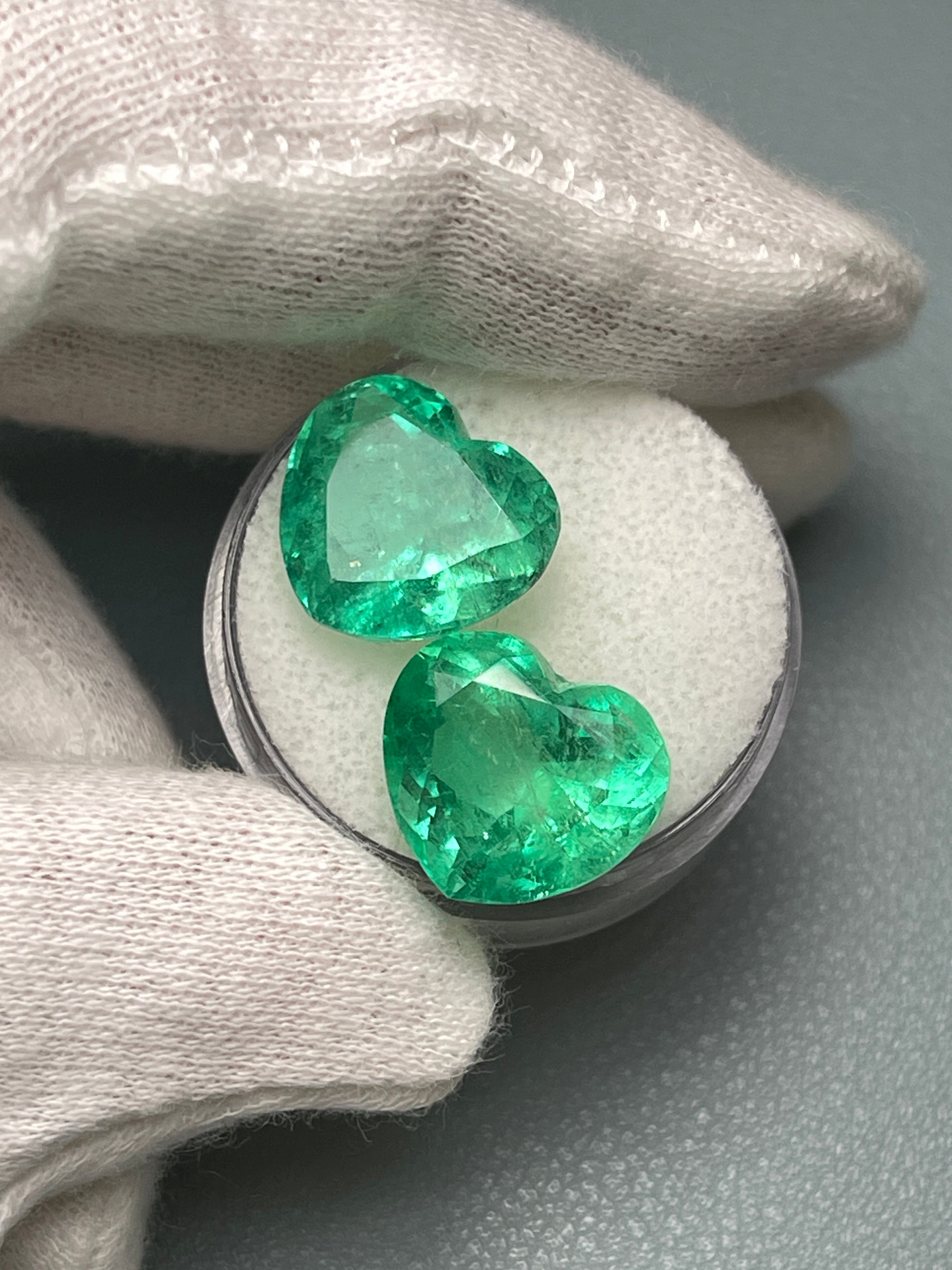 16.68tcw 12.6x14.1mm Rare Matching Bubbly Emerald Hearts - Natural Colombian Yellowish Green Emeralds for Jewelry Making & Engagement Rings