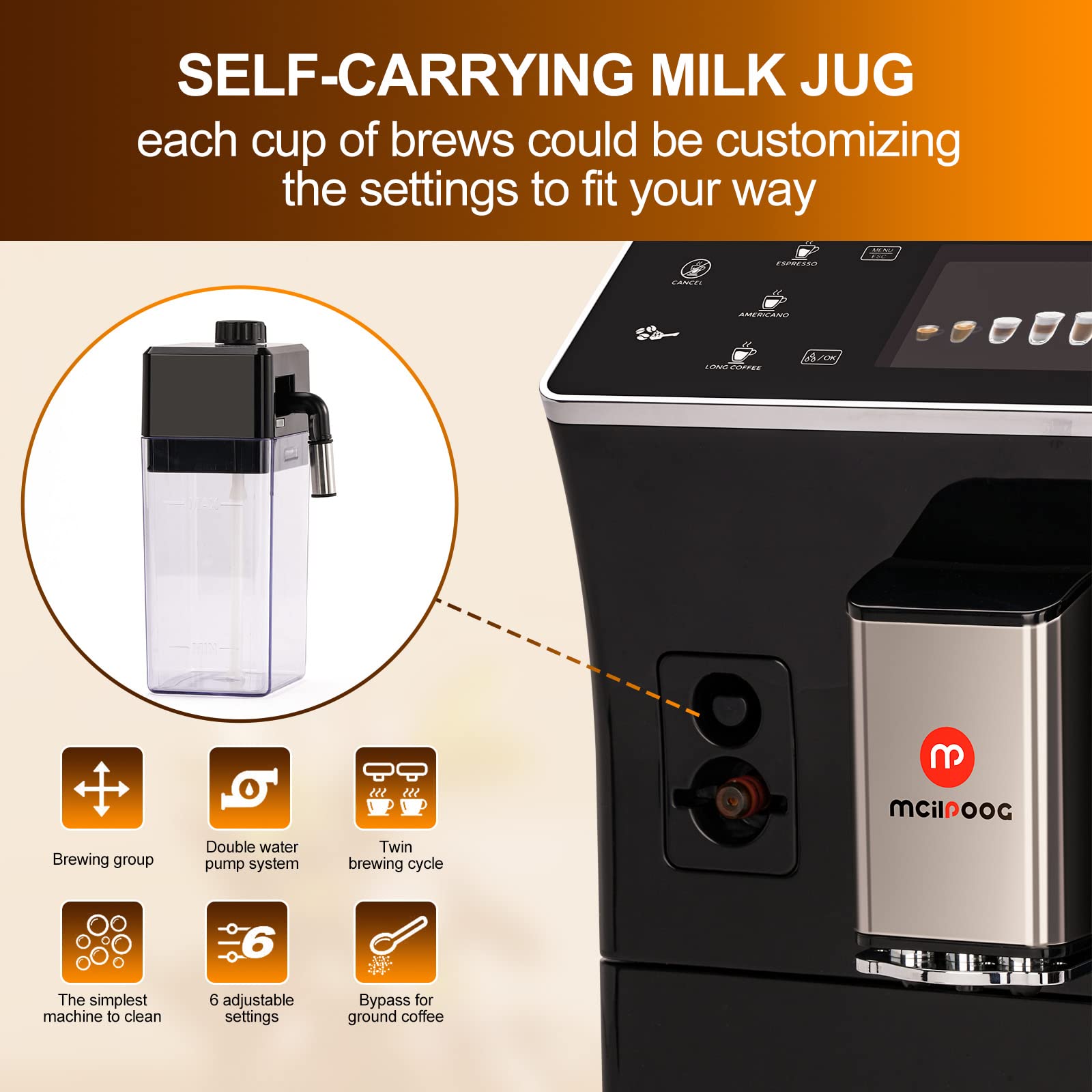 Mcilpoog Super Automatic Espresso Coffee Machine with Built-in Grinder & Milk Frother - Touch Screen Easy Operation for Home & Office Use (WS-202) | Perfect for Espresso, Latte & Cappuccino Lovers
