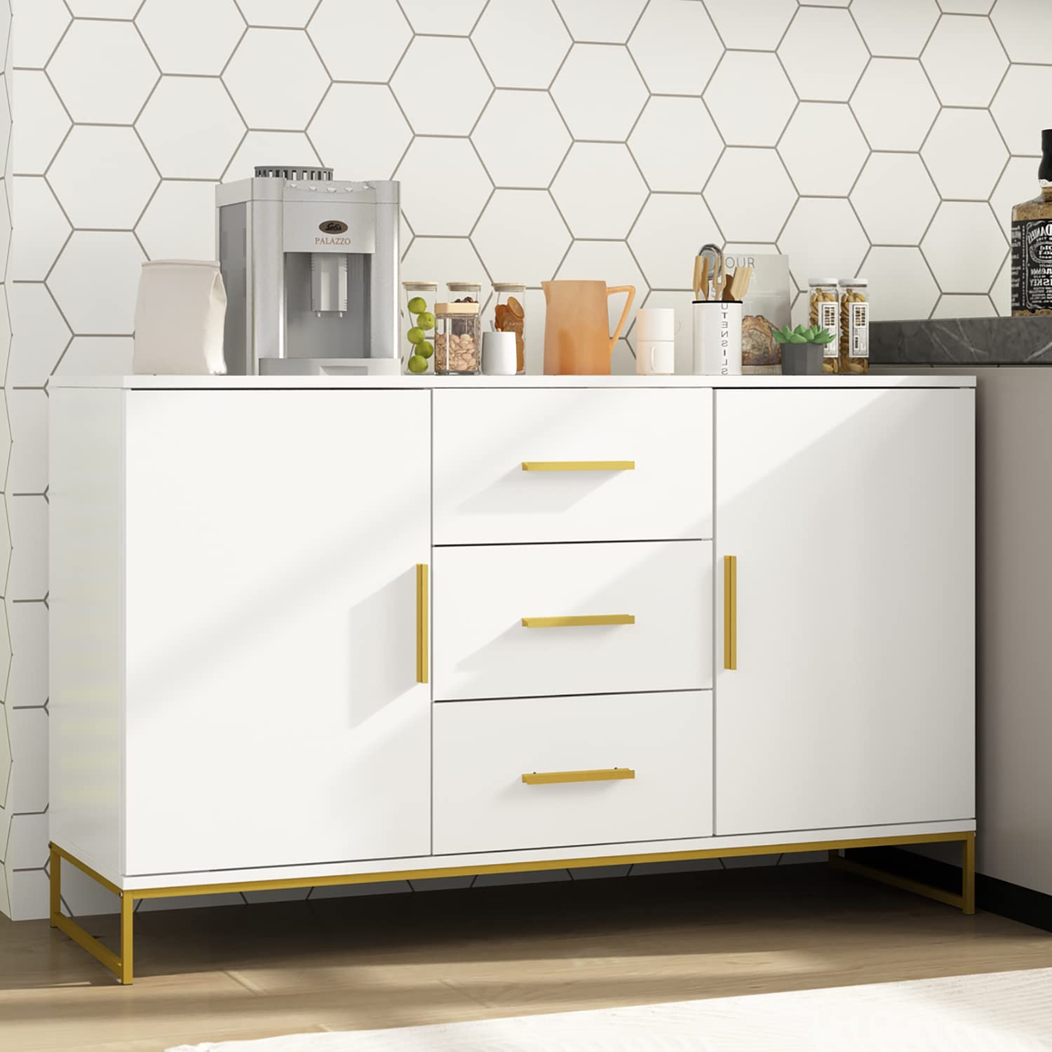 AIEGLE Modern Sideboard Buffet Cabinet with 3 Drawers & 2 Doors - Kitchen Storage Cabinet, Entryway Cupboard with Gold Metal Legs, White (47.2
