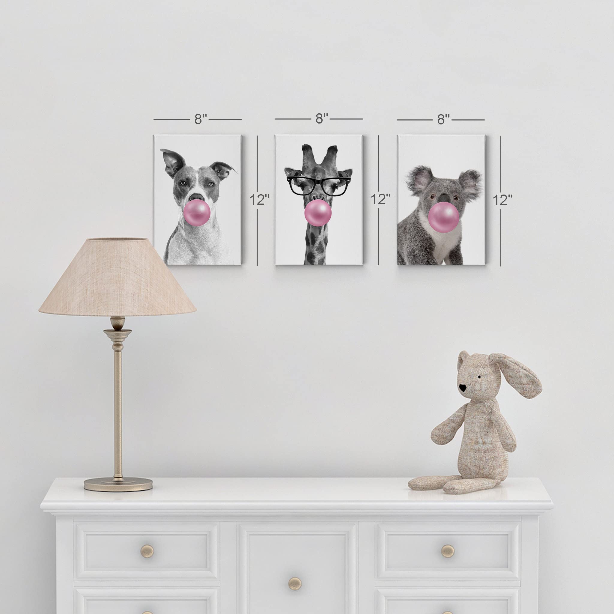 Smile Art Design Dog Giraffe Koala Animal Bubble Gum Canvas Print Set - Pink Black White Wall Art for Nursery, Baby Room, Kids Room Decor - 3 Panel Ready to Hang Made in USA (22x15 inches) - Perfect for Children's Bedrooms, Playrooms & Gift Ideas