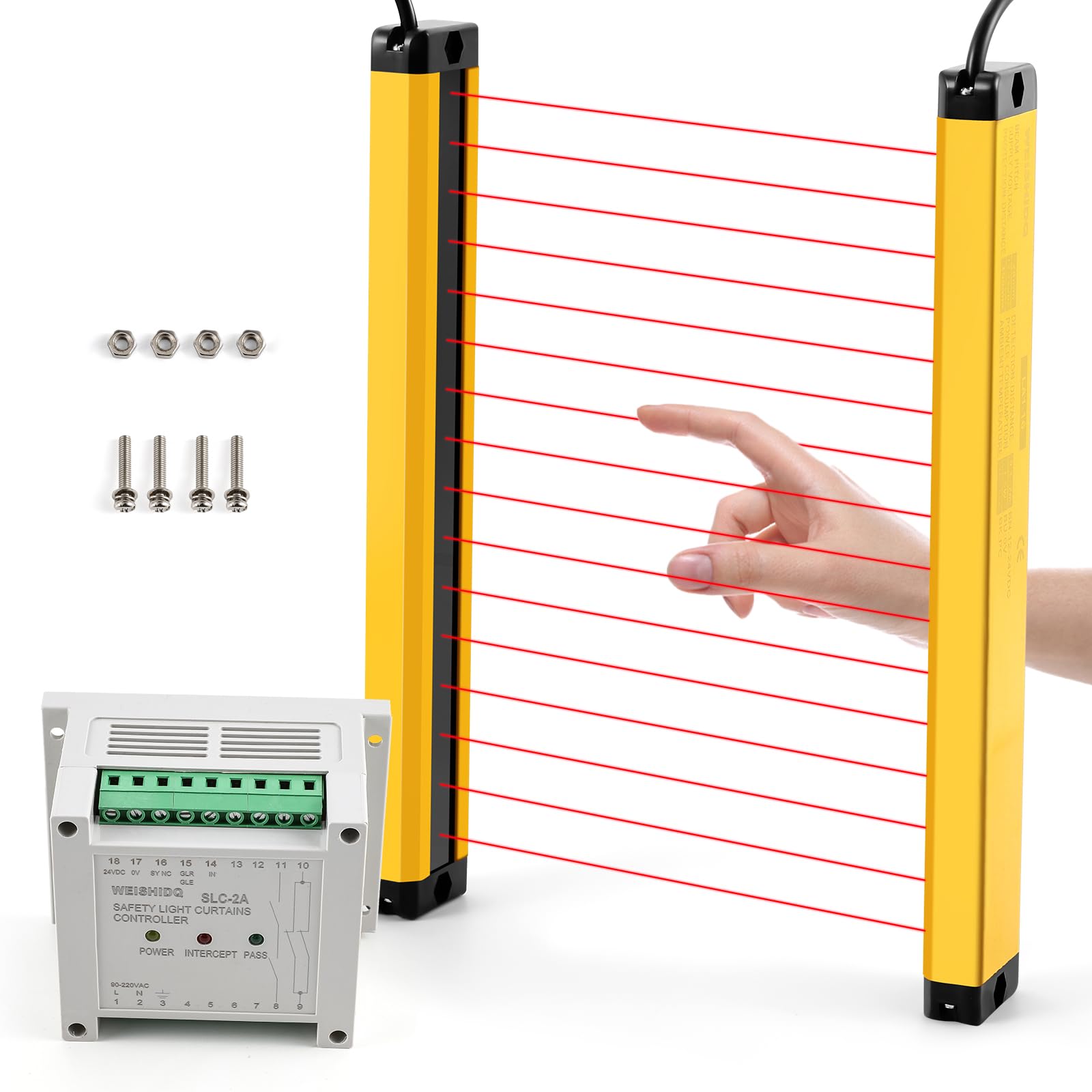 CGOLDENWALL 12mm Ultra-Thin Safety Light Curtain - Infrared Sensor Safety Grating for Punching Machines - 16 Beams, 10mm Pitch, 150mm Sensing Height - Photoelectric Protector for Industrial Equipment Safety (Workshop, Factory, CNC Machine Protection)