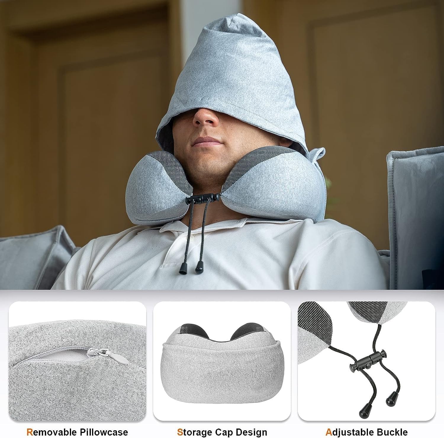 Jukkre Memory Foam Travel Neck Pillow with Hoodie - Ultra Comfortable Airplane, Car & Train Neck Support Pillow for Adults | Perfect for Long Flights, Road Trips & Commuting
