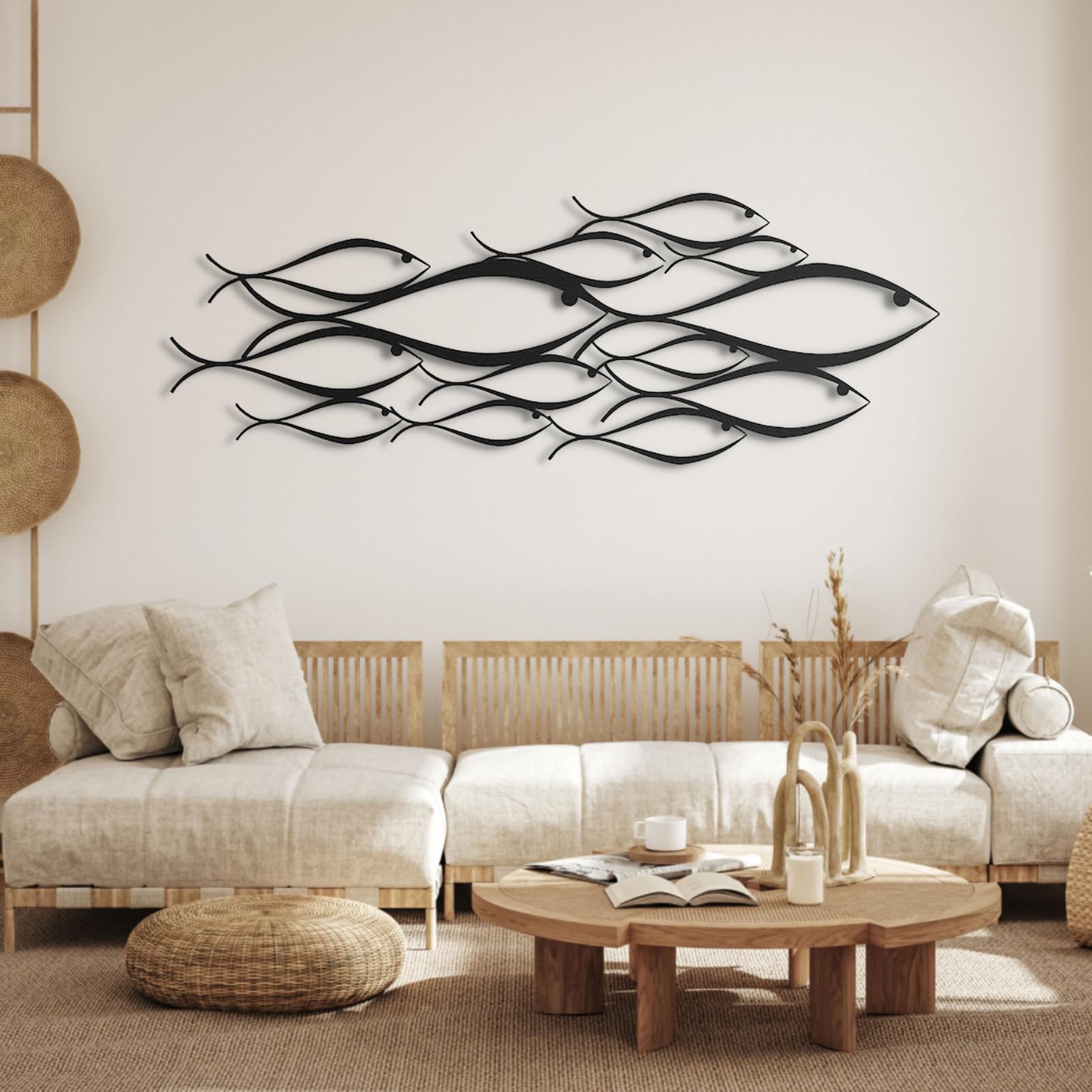 School of Fish Metal Wall Art - Silver 22''x8'' (55x20cm) - Handcrafted Ocean-Themed Home Decor for Living Room, Bedroom, or Office - Perfect Coastal & Nautical Wall Decor Gift