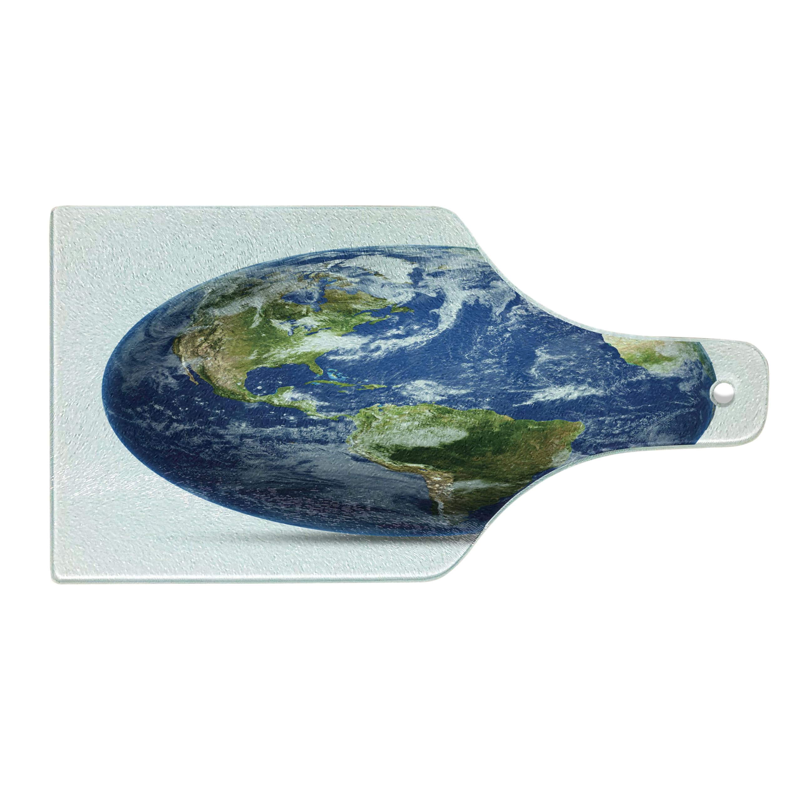 Lunarable World Map Cutting Board - Satellite View of Planet Earth with Continents & Clouds - Decorative Tempered Glass Serving Board for Kitchen & Dining - Wine Bottle Shaped in Navy Blue, Green & White - Perfect for Entertaining, Gift Giving & Home Decor