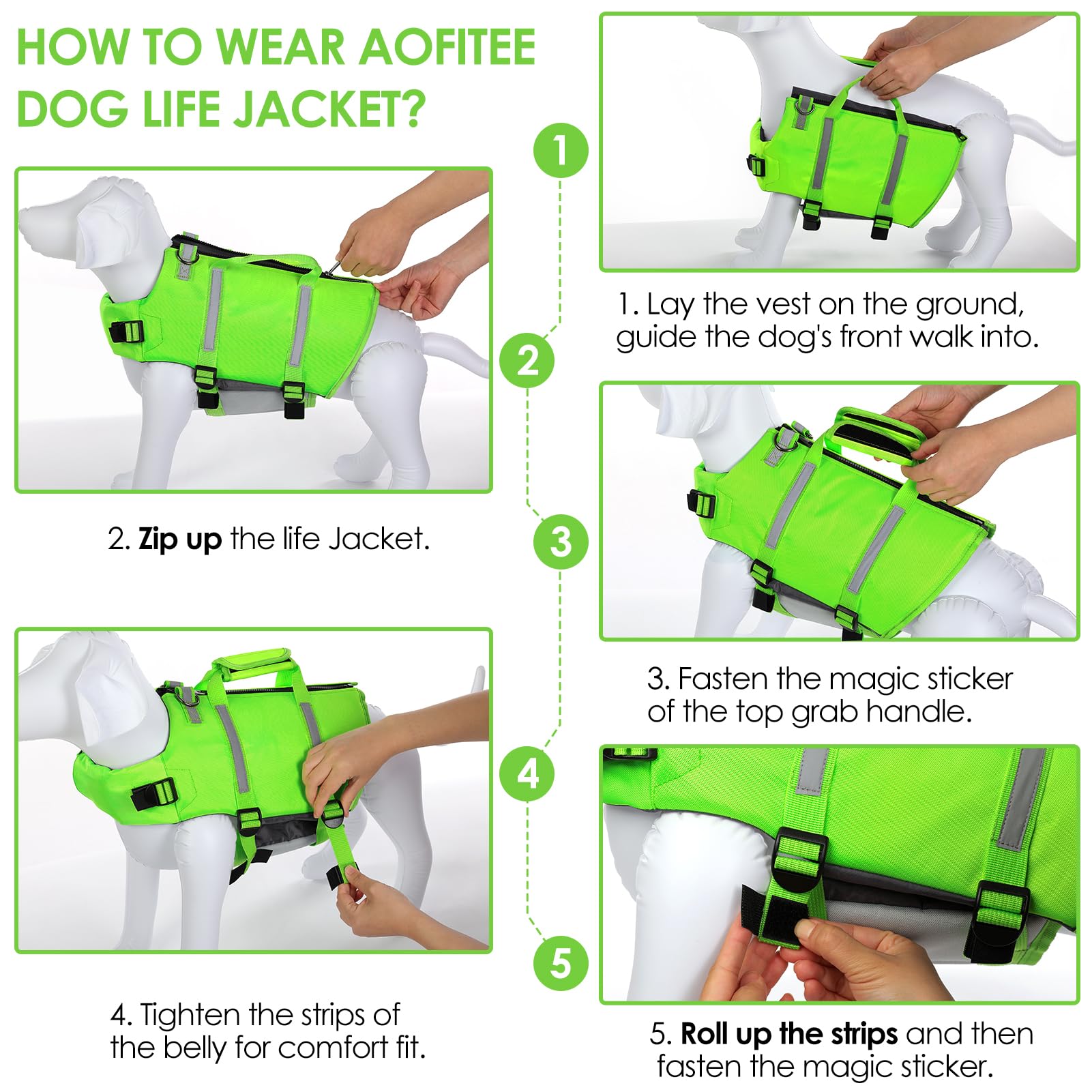 AOFITEE Dog Life Jacket - High Flotation Adjustable Dog Life Vest with Reflective Strips & Rescue Handle for Small Medium Large Dogs - Perfect for Swimming, Boating & Water Safety