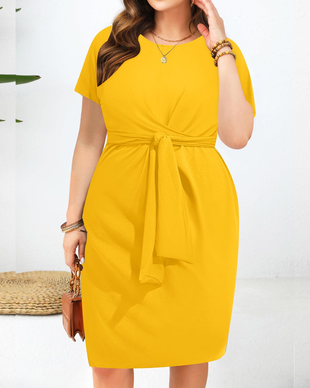 Mustard Yellow Plus Size Women's Dress - Elegant Church, Work, Business & Semi-Formal Attire | Wedding Guest & Cocktail Party Knee-Length Dress for Women