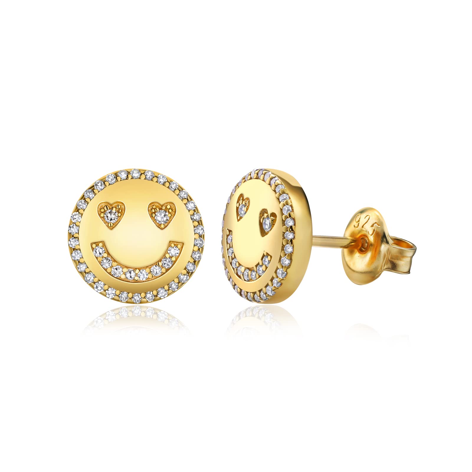 Cute Diamond Smiley Face Stud Earrings - 925 Sterling Silver Plated 18K Gold Preppy Jewelry for Women & Teen Girls | Perfect Birthday Gifts, Everyday Wear & Party Accessories