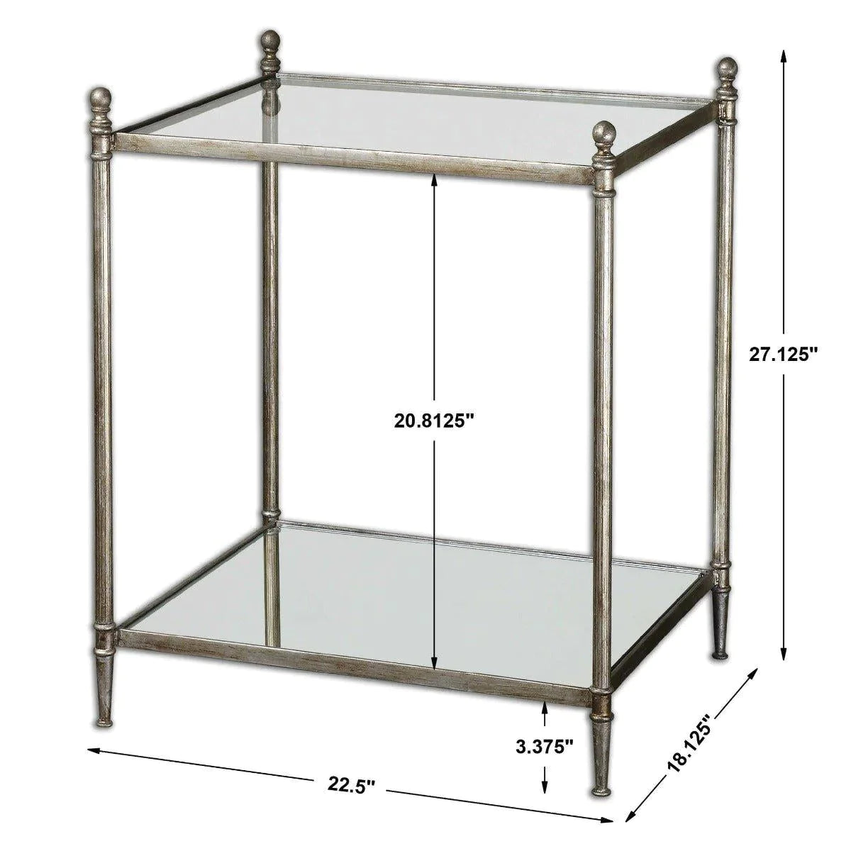Antiqued Silver Leaf Iron End Table with Glass Top & Mirror Shelf - Perfect for Living Room, Bedroom & Office Decor