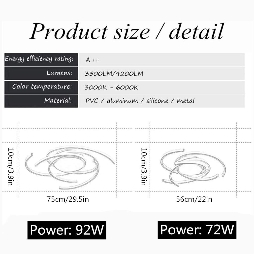 Dimmable LED Ceiling Light with Remote Control - Modern Spiral Flower Flush Mount Chandelier for Living Room, Kitchen, Bedroom - 29.5