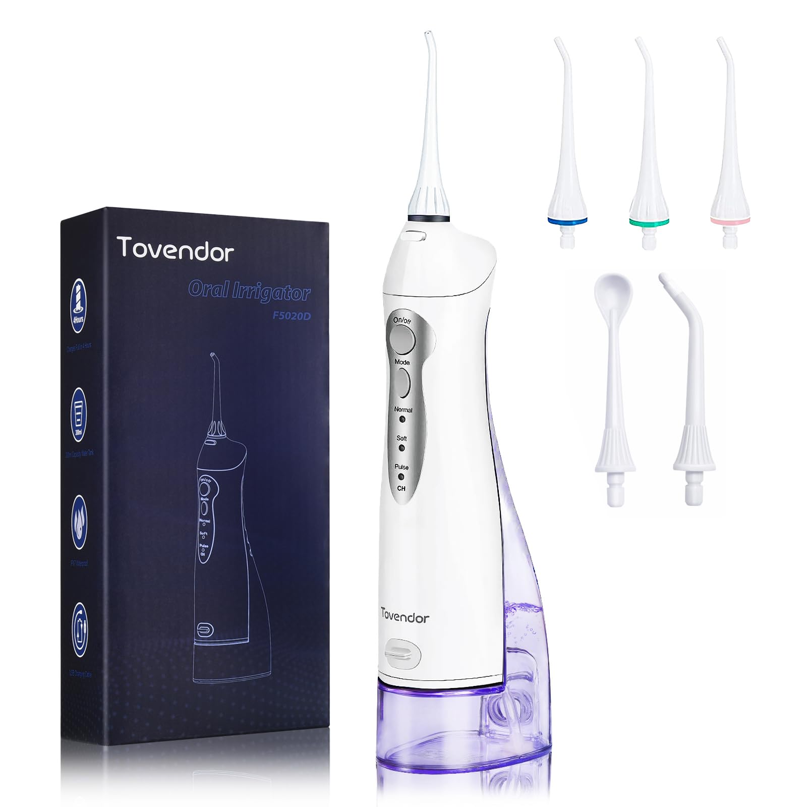 TOVENDOR Cordless Water Flosser for Teeth Cleaning - 300ML Rechargeable Oral Irrigator with 5 Nozzle Tips, IPX7 Waterproof, Portable Dental Flosser for Braces Care & Gum Health - Perfect for Travel, Home Use and Deep Teeth Cleaning