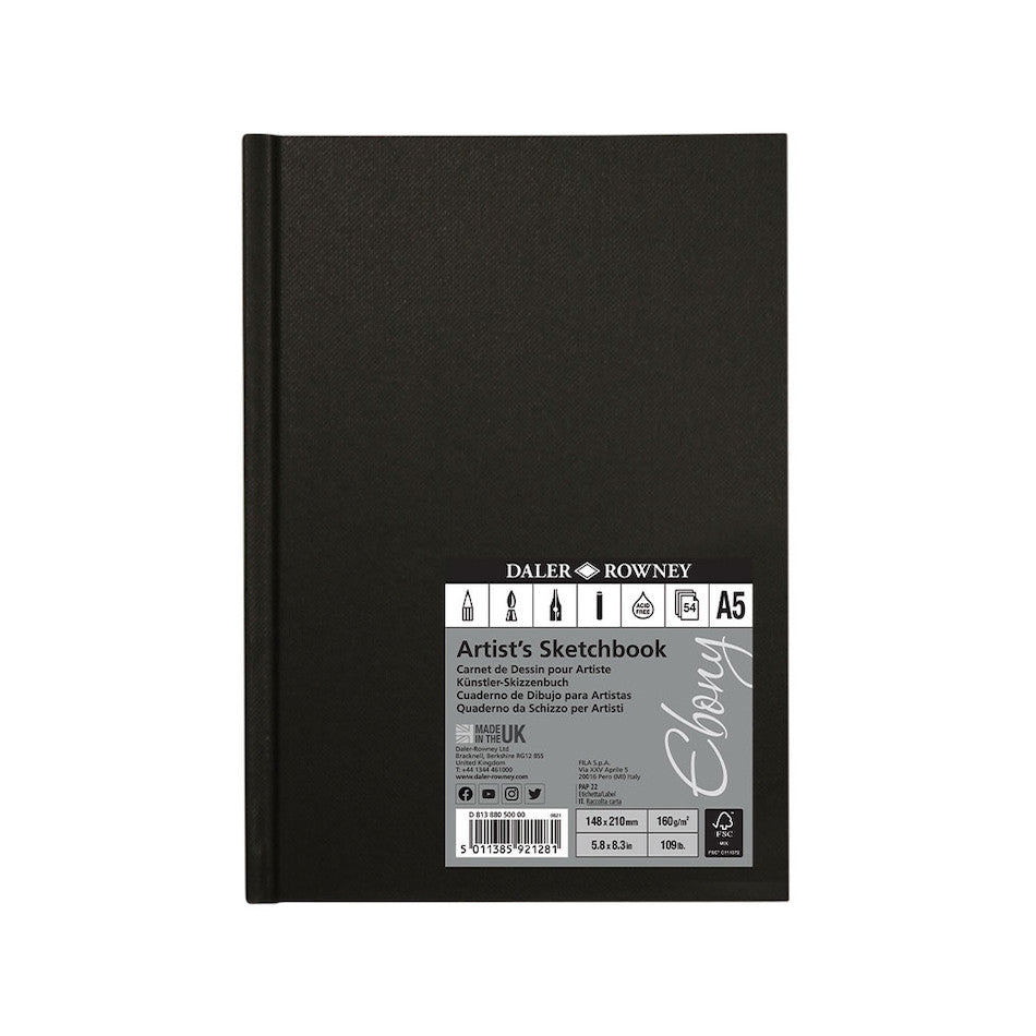 Daler Rowney Ebony Hardbound Sketchbook A5 Portrait - Premium Sketch Book for Artists, Drawing & Sketching - Perfect for Travel, Studio & Outdoor Art Projects