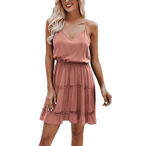 Women's Summer Sundress - Solid Pink A-Line Mini Dress Sleeveless Party Dress (Size M) | Beach Vacation, Garden Party & Casual Outfit