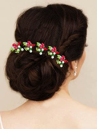 Artificial Mogra Hair Pins - Round Small Flower Hair Accessories for Women & Girls (Red, Pack of 10) | Bridal Wedding Hairpins, Juda Pins for Parties & Special Occasions