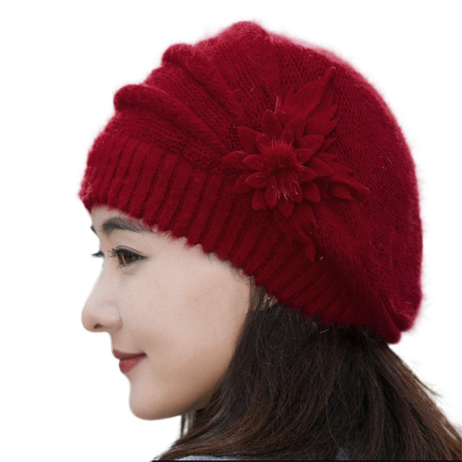 Women's Crochet Slouchy Beanie - Winter Warm Knitted Hat with Fashion Flower Design, Soft Beret Style for Cold Weather (Red, One Size) | Perfect for Outdoor Activities, Snow Days & Winter Fashion