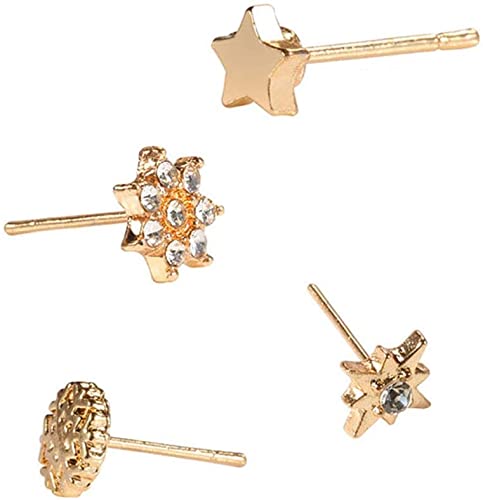 4 Pcs Gold Tone Star Snowflake Sunflower Stud Earrings Set - Faux Crystal Chic Jewelry for Women & Girls - Perfect for Parties, Weddings & Everyday Wear