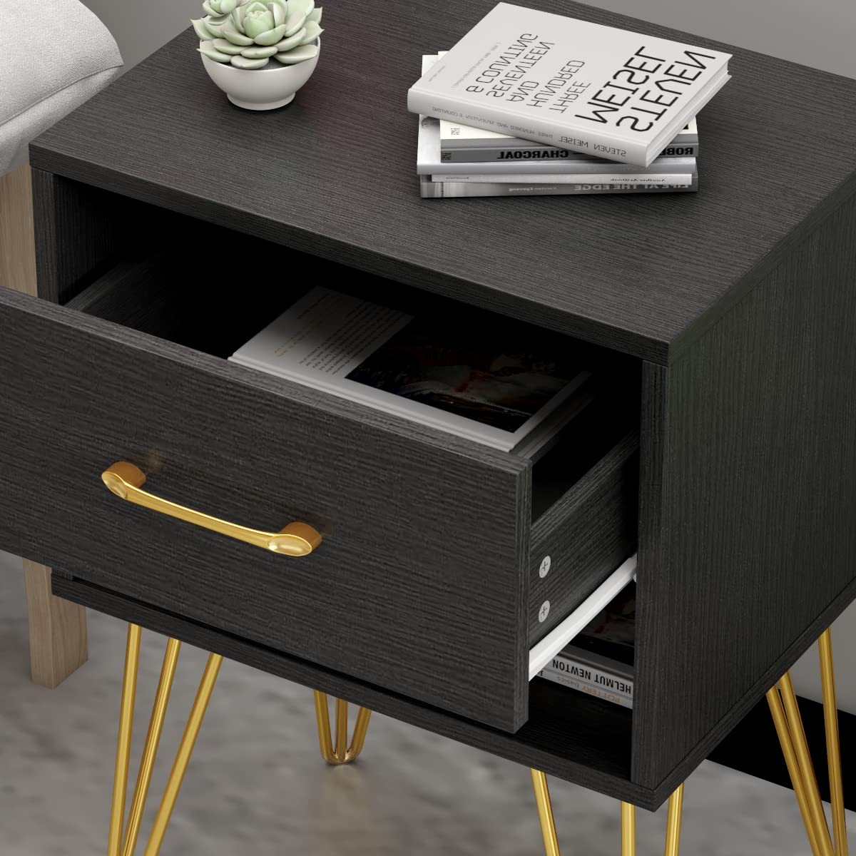AIEGLE Modern Nightstand Set of 2 - Wooden Bedside Tables with Drawer & Shelf, Small Space Storage End Tables with Gold Metal Legs for Bedroom, Living Room, Dorm (15.7