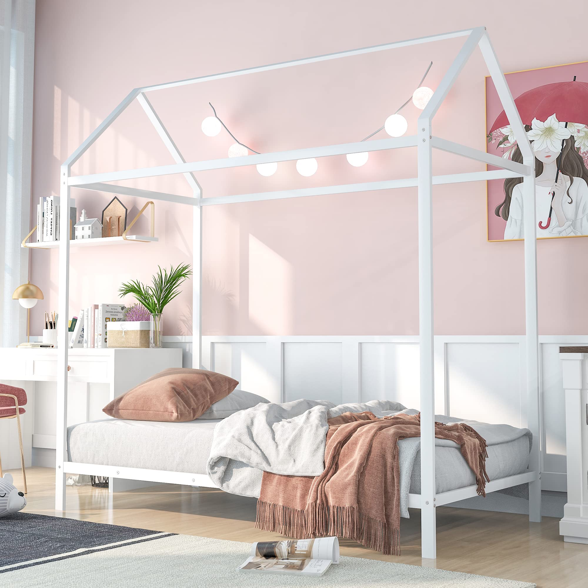 Twin Size House Bed Frame for Kids - Sturdy Metal Platform Bed with No Box Spring Needed - White - Perfect for Boys & Girls Bedrooms, Playrooms & Sleepovers