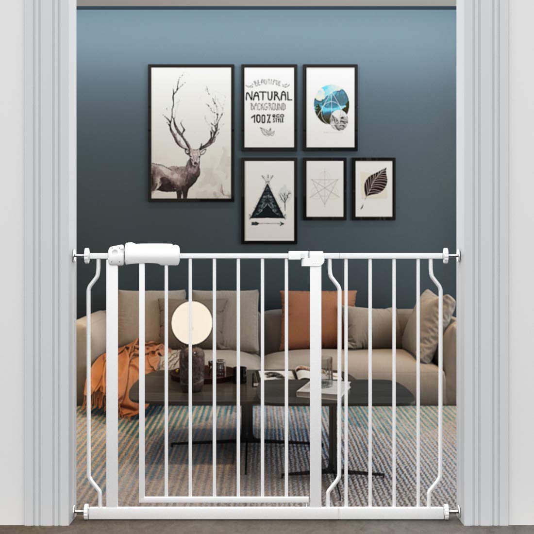 ALLAIBB Extra Wide Auto-Close Pressure Mount Baby Gate - 43.31-48.03 Inch (110-122cm) White Metal Safety Barrier for Stairs, Doorways & Home - Child & Pet Proof Walk-Through Gate for Kitchen, Living Room & Hallways