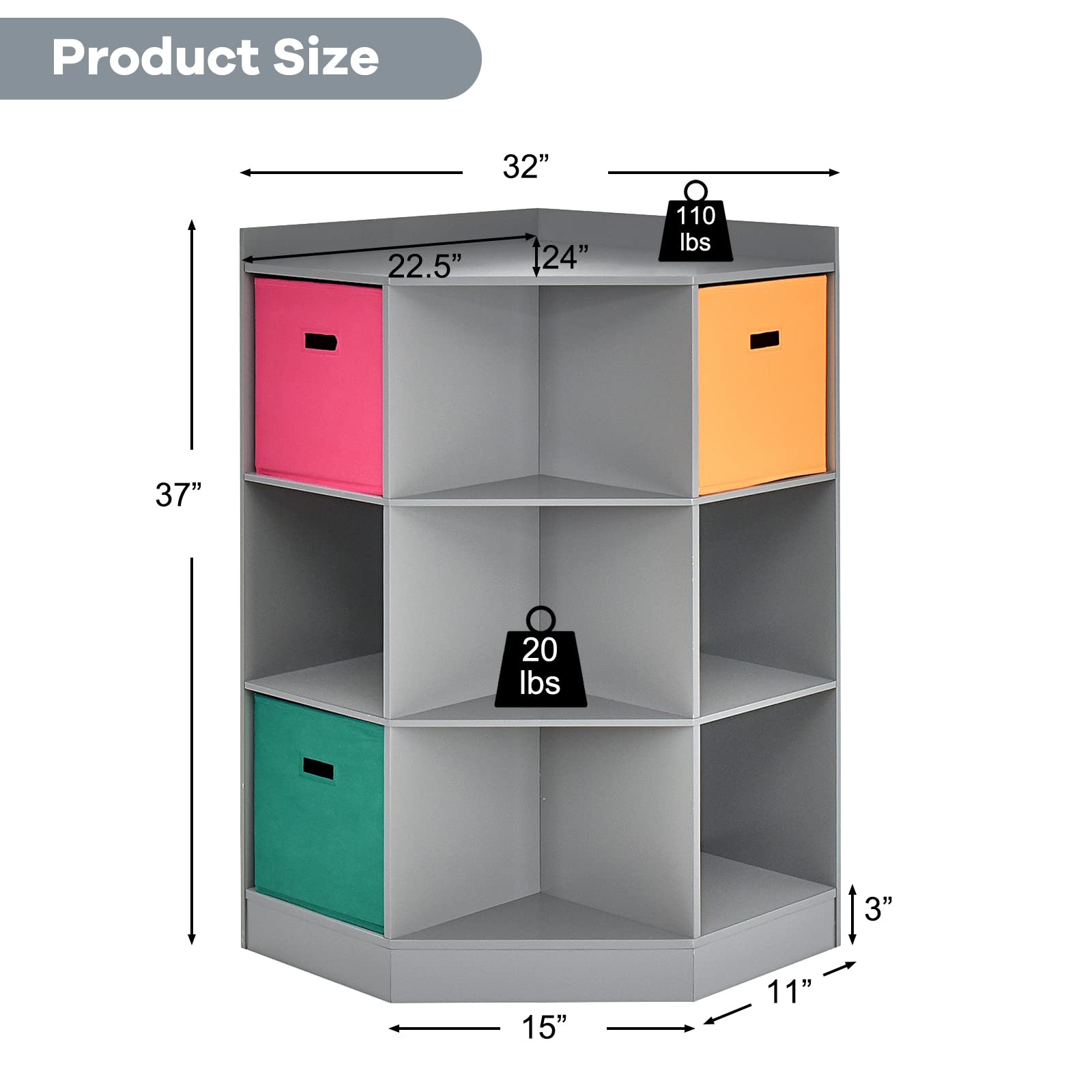 Costzon 9-Cubby Kids Bookcase with Extra Large Storage Baskets | Wooden Children's Organizer Shelf with 6 Cubes & 3 Shelves | Playroom & Nursery Storage Solution | Gray Kids Bookshelf for Toys, Books & Decor