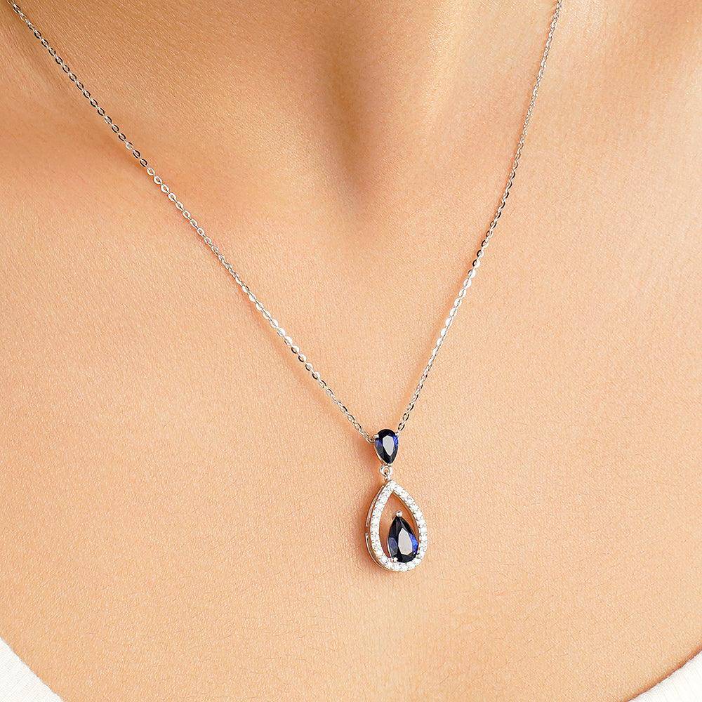 1.64 CT Natural Blue Sapphire & White Sapphire Drop Pendant Necklace - Elegant Dangling Jewelry for Weddings, Anniversaries & Special Occasions