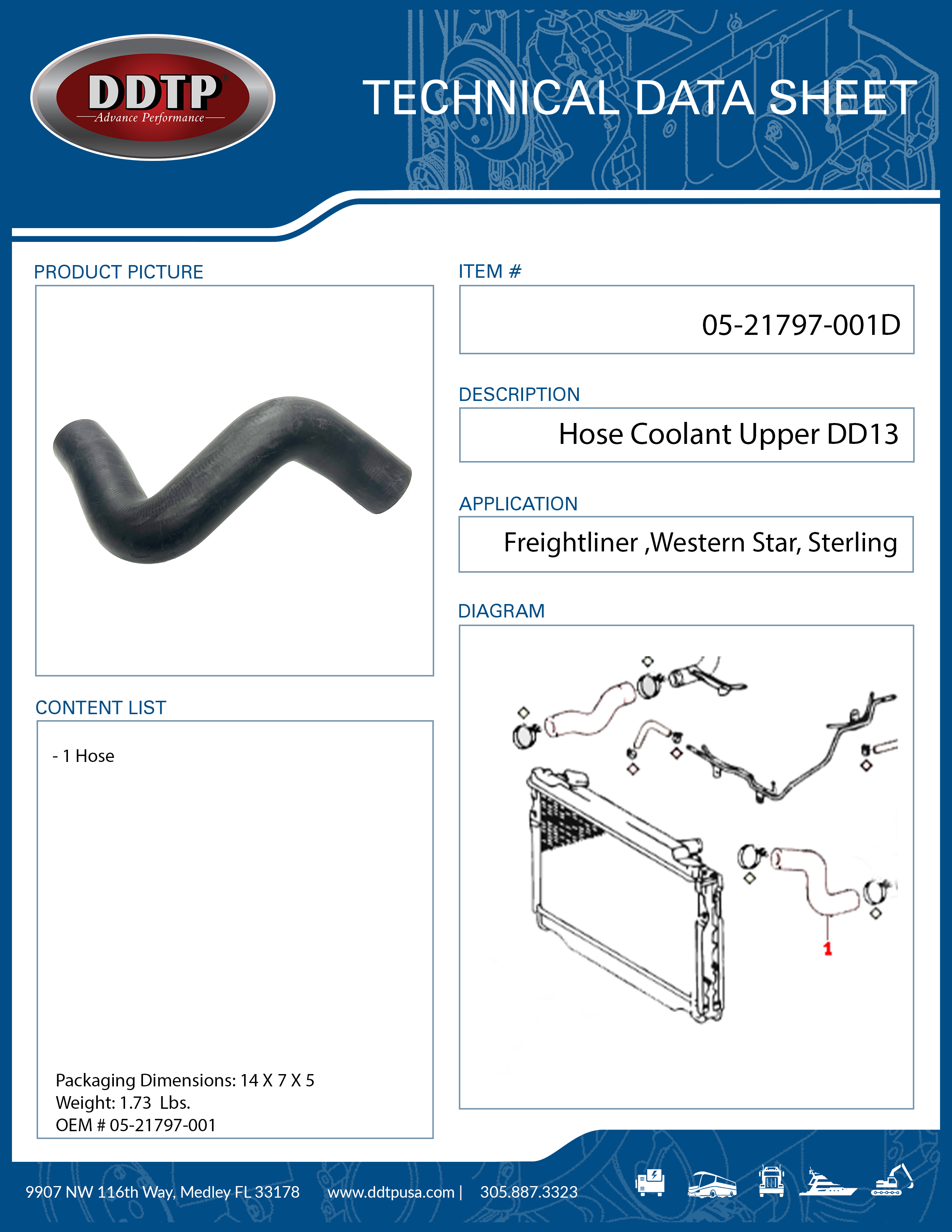 DD13 Upper Coolant Hose (05-21797-001) - Heavy Duty Replacement for Freightliner & Western Star Trucks - Perfect for Engine Cooling System Maintenance & Repairs