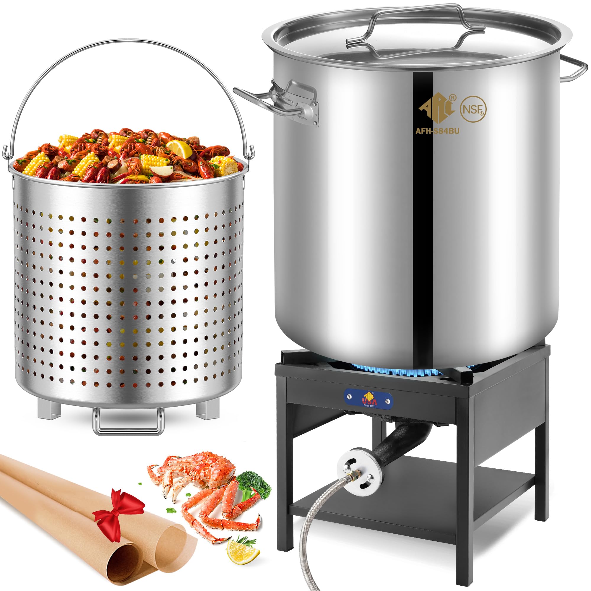 ARC 84QT Stainless Steel Seafood Boil Pot with 200,000BTU Propane Fryer - Large Crawfish & Shrimp Boiler for Outdoor Cooking, Steaming, and Backyard Parties - No Assembly Required