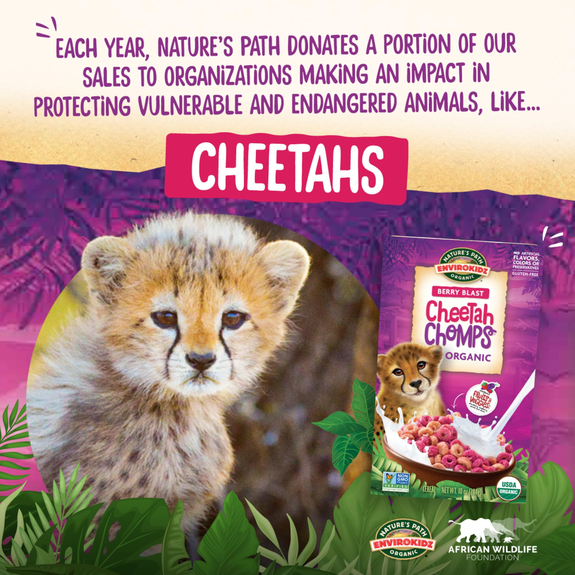 EnviroKidz Organic Cheetah Chomps Cereal - Berry Blast Flavor, Gluten Free & Non-GMO Breakfast Cereal, 10 oz (Pack of 12) by Nature's Path - Perfect for Kids' School Lunches & Healthy Family Breakfasts