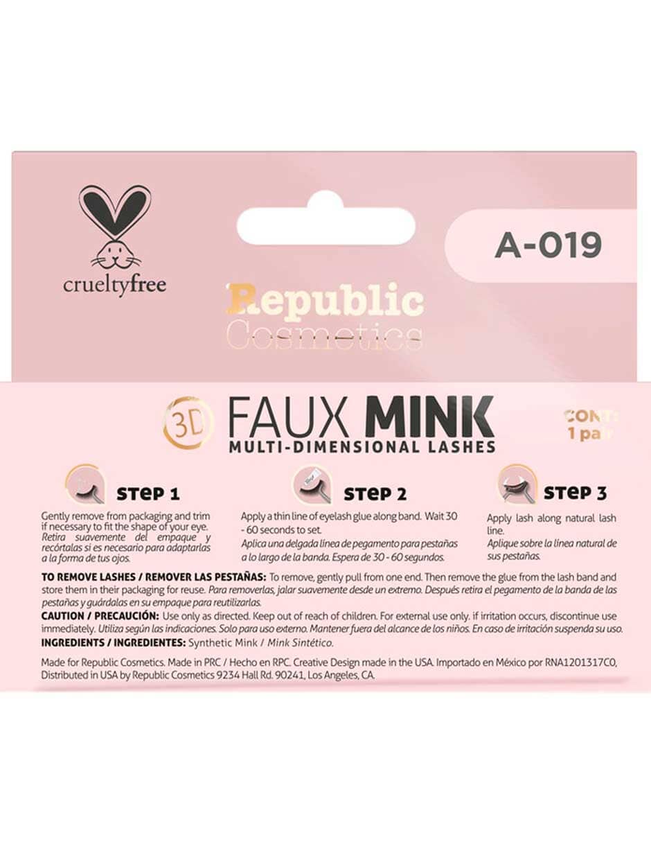 Republic Cosmetics 3D Faux Mink Eyelashes - Box of 1 Pair, Style A019 | Natural Looking False Lashes for Dramatic Eye Makeup | Perfect for Parties, Weddings & Special Occasions