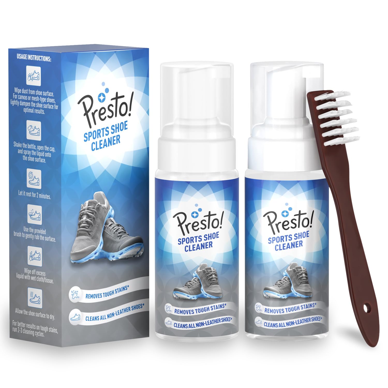 **Presto! Sports Shoe Cleaner with Brush – 300ml & 150ml x 2 Packs – Non-Leather Shoe Cleaner for Sneakers, Rubber & Canvas Shoes – Foam Spray Removes Tough Stains – Perfect for Gym, Running & Casual Wear**