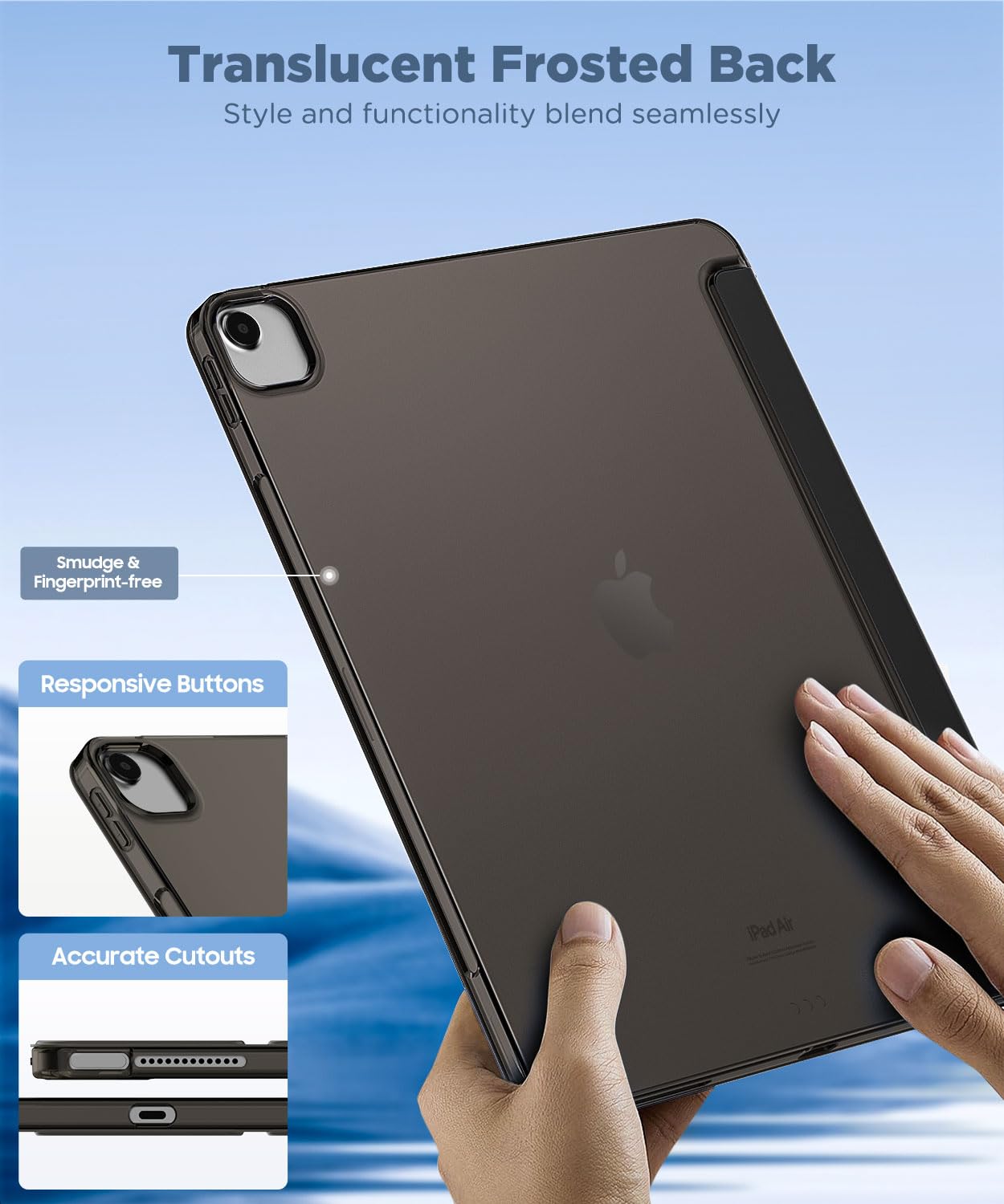 MoKo iPad Air 13 inch Case (2024/2025 M2/M3 Models) - Slim Protective Cover with Frosted Translucent TPU Back, Auto Wake/Sleep & Touch ID Support - Perfect for Work, Travel & Everyday Use - Black