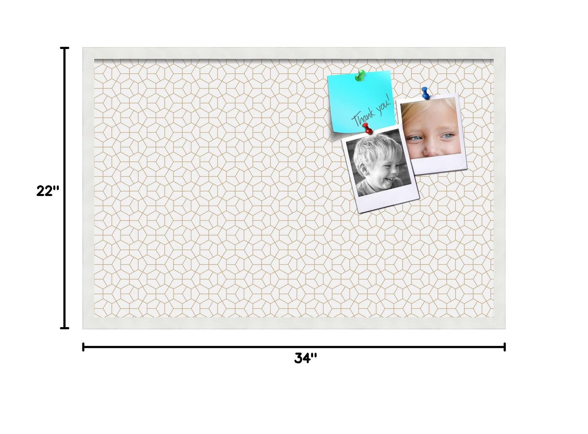 PinPix 34x22 Inch Cork Bulletin Board - Decorative Framed Pin Board with Modern Hex Gold Design & Satin White Frame - Perfect for Home Office Decor, School Classroom, Dorm Room Organization & Vision Board Display (PinPix-1537)