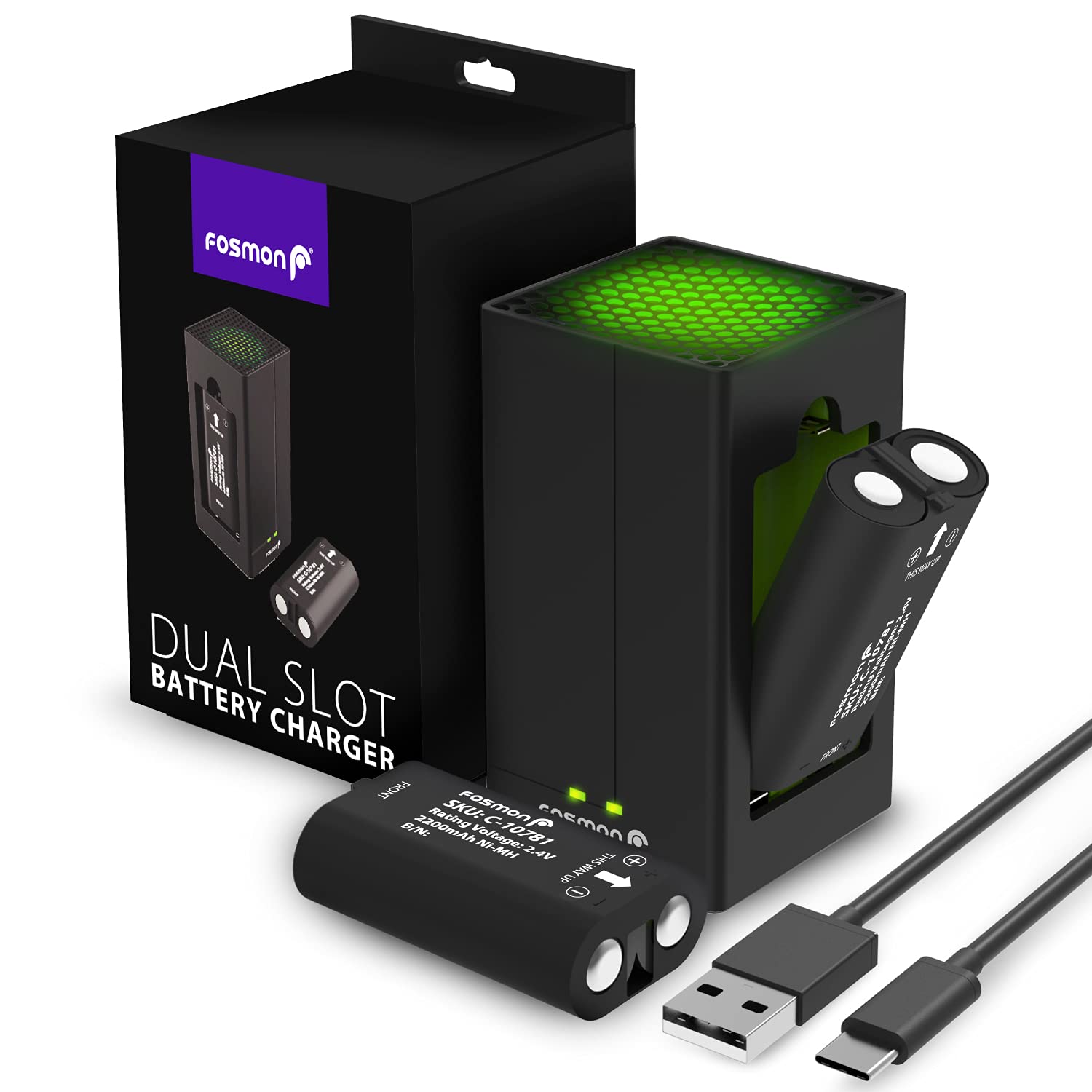 Fosmon Dual Charger with 2X2200mAh Rechargeable Batteries & LED Gaming Headset for Xbox Series X/S, Xbox One - 3.5mm/USB Stereo Headphones with Mic & Volume Control - Perfect for Gaming, Streaming & Online Chat