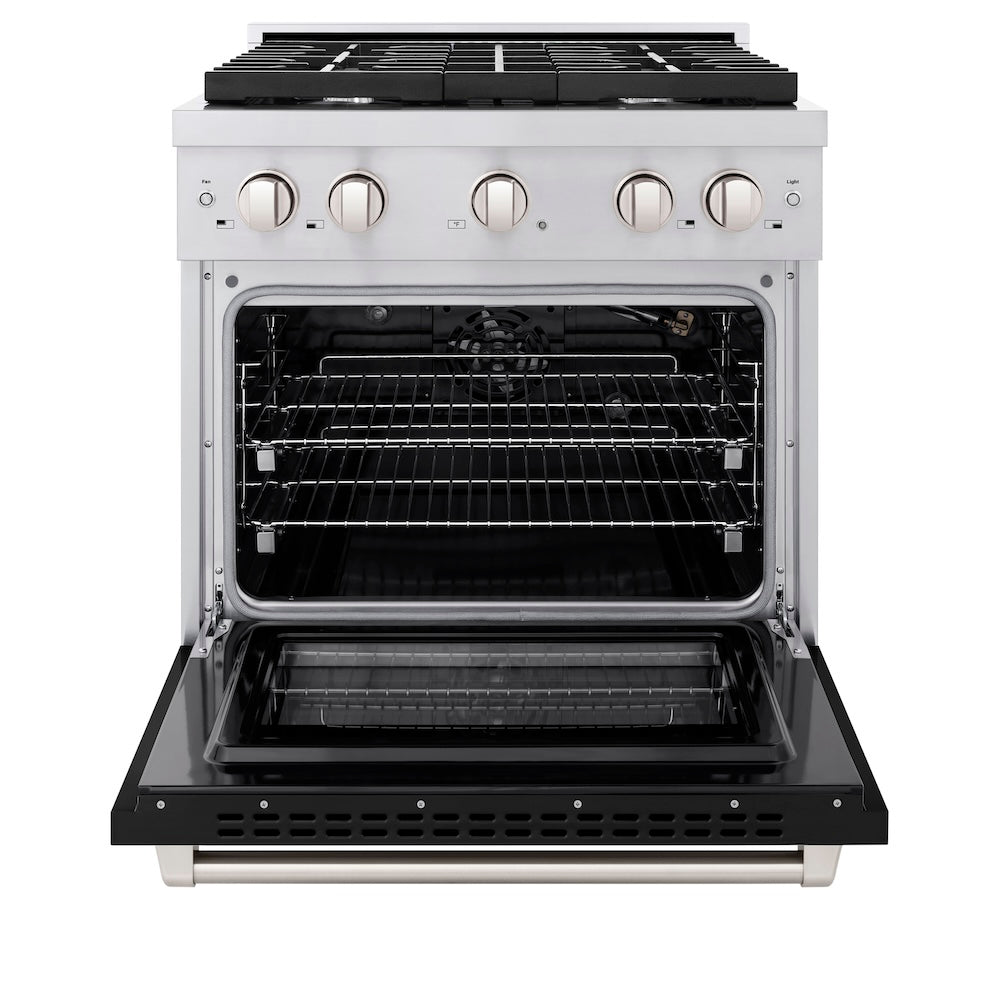 ZLINE 30 Inch 4.2 Cu. Ft. Stainless Steel Gas Range with 4 Burner Cooktop & Convection Oven - Black Matte Door (SGR BLM 30) - Perfect for Modern Kitchens & Professional Cooking