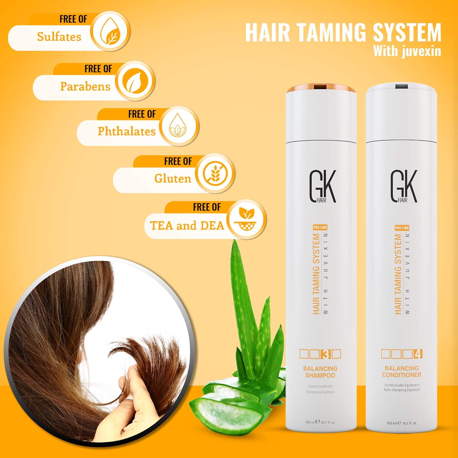 GK Hair Global Keratin Balancing Shampoo & Conditioner Set (300ml) for Damaged Hair - ThermalStyleHer Keratin Treatment (100ml/3.4oz) - Salon-Quality Hair Care for Smooth, Frizz-Free & Heat-Protected Styling