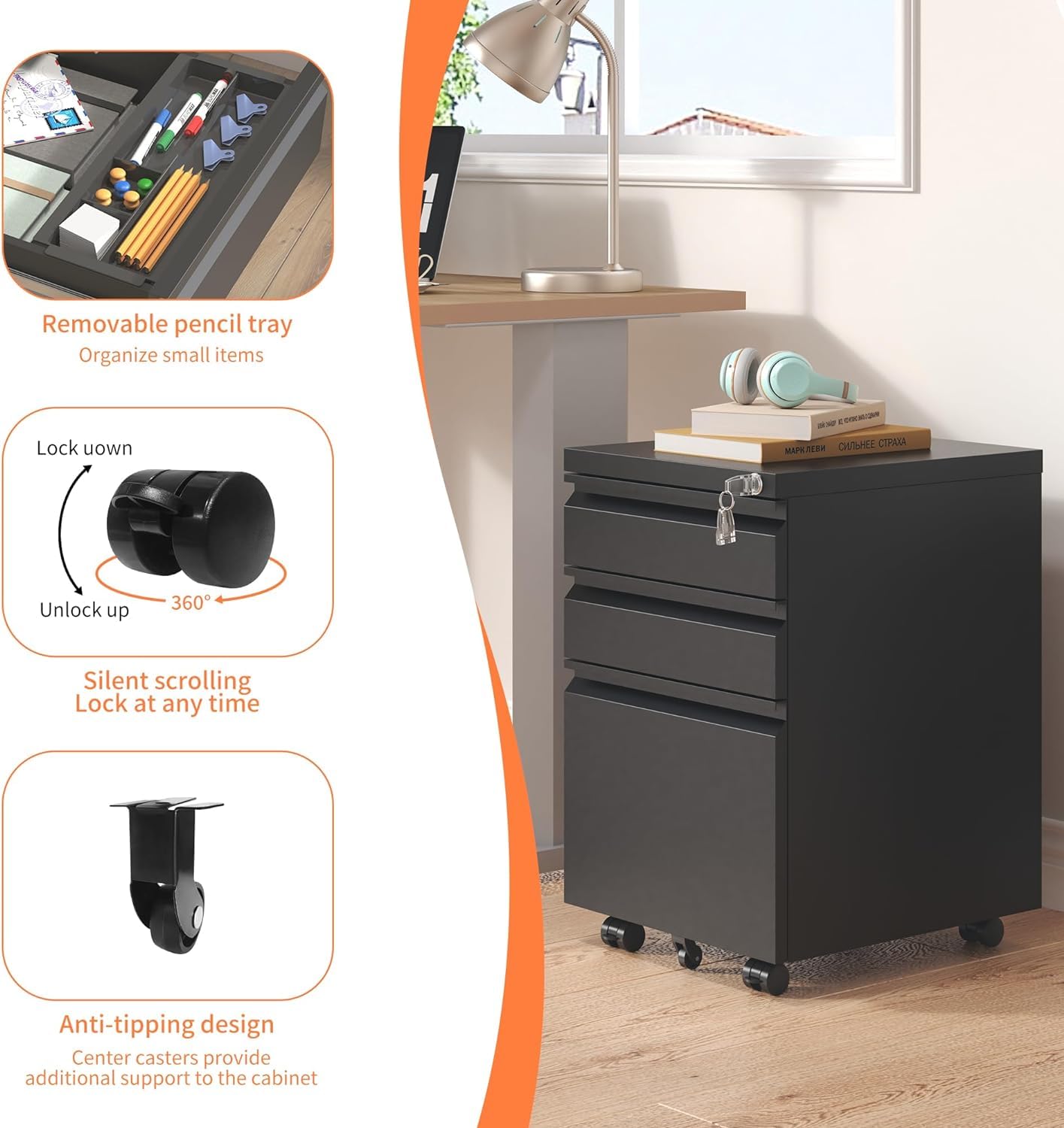 Mobile File Cabinet with Lock - 3 Drawer Home Office Storage for A4/Letter/Legal Size Folders, Fully Assembled Matte Black Filing Cabinet | Perfect for Small Spaces & Document Organization