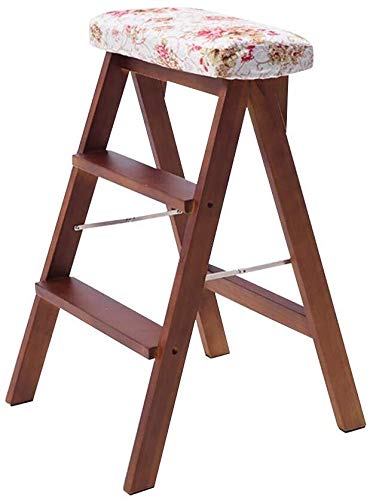 LUDIST 3-Step Wooden Folding Step Stool with Sponge Flower Seat - Indoor Climbing Stool, Ladder Chair, Dining Chair - Perfect for Kitchen, Bathroom, and Kids' Room